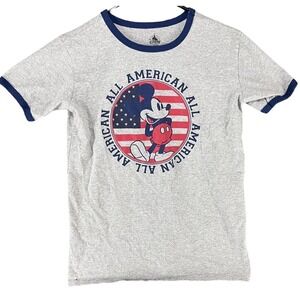 Disney Mickey Mouse Shirt Mens Size L Gray All American Flag Short Sleeve